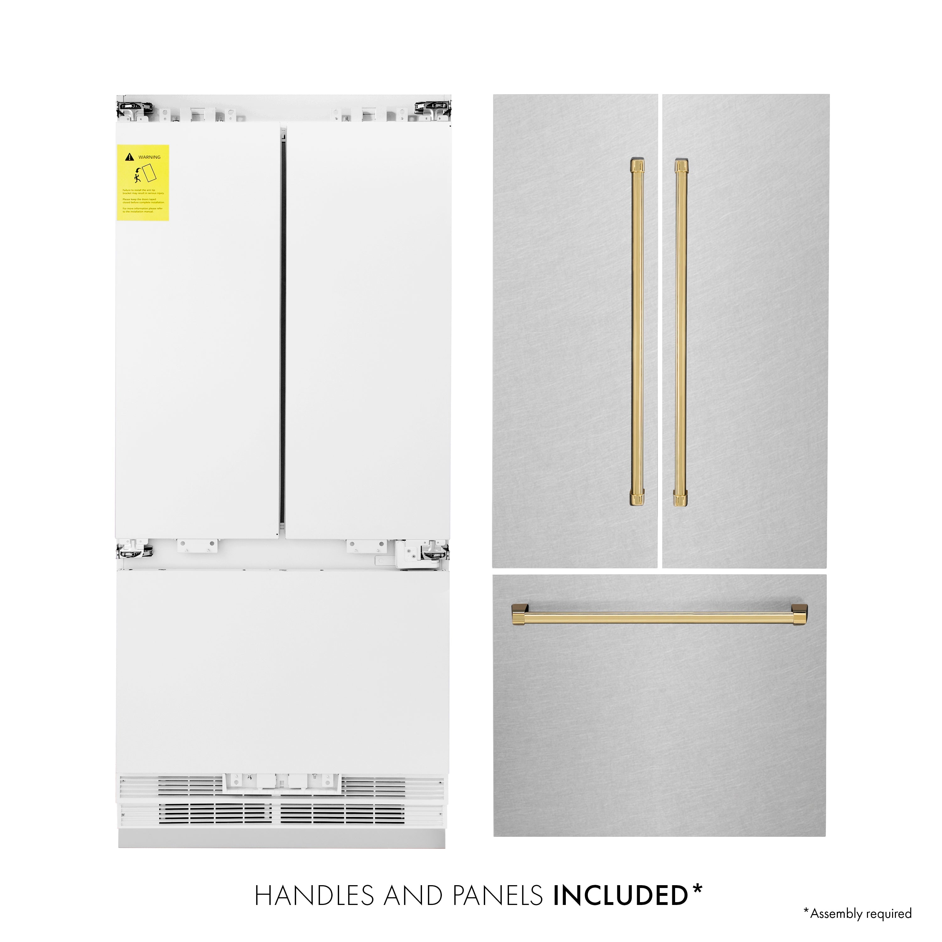 ZLINE 36-Inch Autograph Edition 19.6 cu. ft. Built-in 2-Door Bottom Freezer Refrigerator with Internal Water and Ice Dispenser in Fingerprint Resistant Stainless Steel with Gold Accents (RBIVZ-SN-36-G)