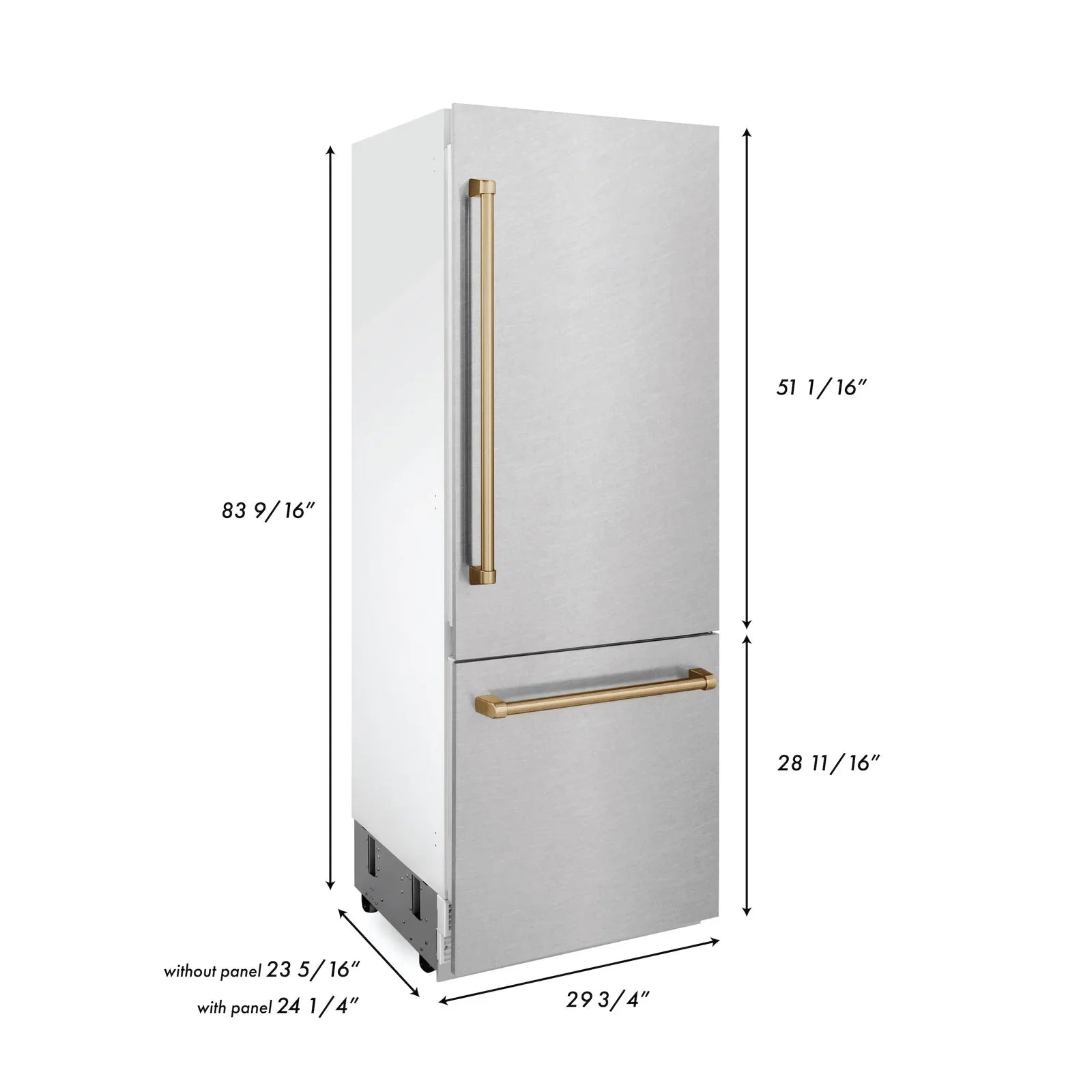 ZLINE 30-Inch Autograph Edition 16.1 cu. ft. Built-in 2-Door Bottom Freezer Refrigerator with Internal Water and Ice Dispenser in Fingerprint Resistant Stainless Steel with Champagne Bronze Accents (RBIVZ-SN-30-CB)