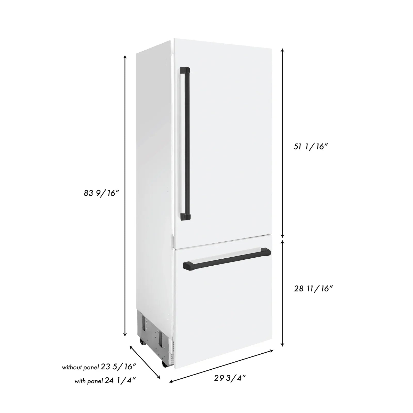 ZLINE 30-Inch Autograph Edition 16.1 cu. ft. Built-in 2-Door Bottom Freezer Refrigerator with Internal Water and Ice Dispenser in White Matte with Matte Black Accents (RBIVZ-WM-30-MB)