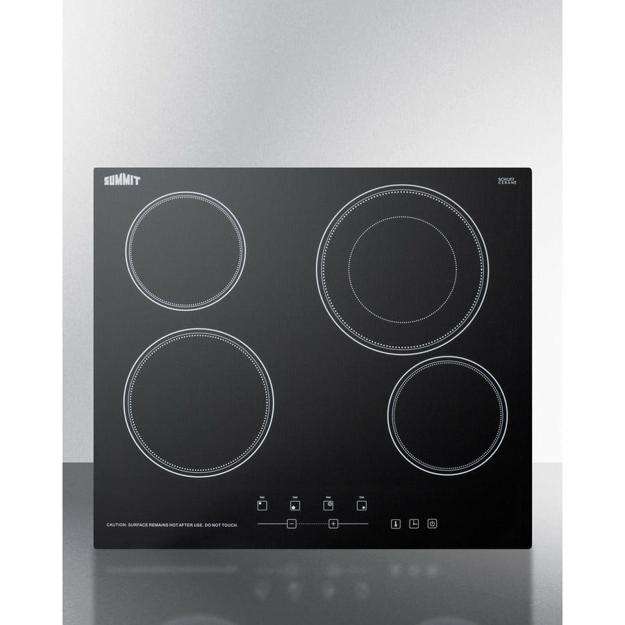 Summit 24" Wide 230V 4-Burner Radiant Cooktop w/ 4 Elements, Hot Surface Indicator, ADA Compliant, ETL Safety Listed, Schott Ceran Glass, Residual Heat Indicator Light, Digital Touch Controls - CR4B23T
