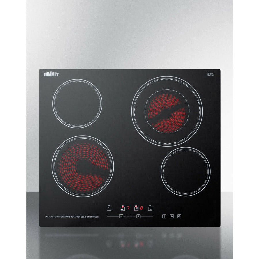 Summit 24" Wide 230V 4-Burner Radiant Cooktop w/ 4 Elements, Hot Surface Indicator, ADA Compliant, ETL Safety Listed, Schott Ceran Glass, Residual Heat Indicator Light, Digital Touch Controls - CR4B23T
