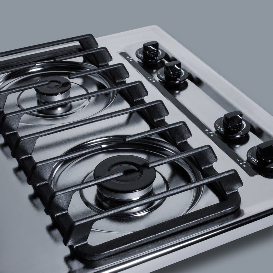 Summit 24" Wide 4-Burner Gas Cooktop  with Cast Iron Grates, Sealed Sabaf® Burners, Power Burner, Fits Common Cutouts, Simmer Burner, Two Standard Burners, Push-to-Turn Knobs - ZTL033S