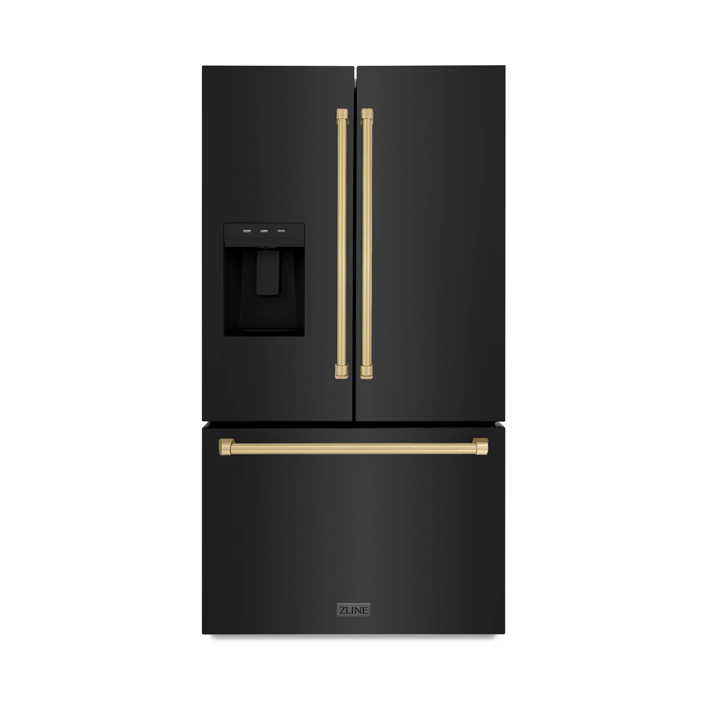 ZLINE Autograph Edition 36 in. 28.9 cu. ft. Standard-Depth French Door External Water Dispenser Refrigerator with Dual Ice Maker in Black Stainless Steel and Champagne Bronze Handles - RSMZ-W-36-BS-CB