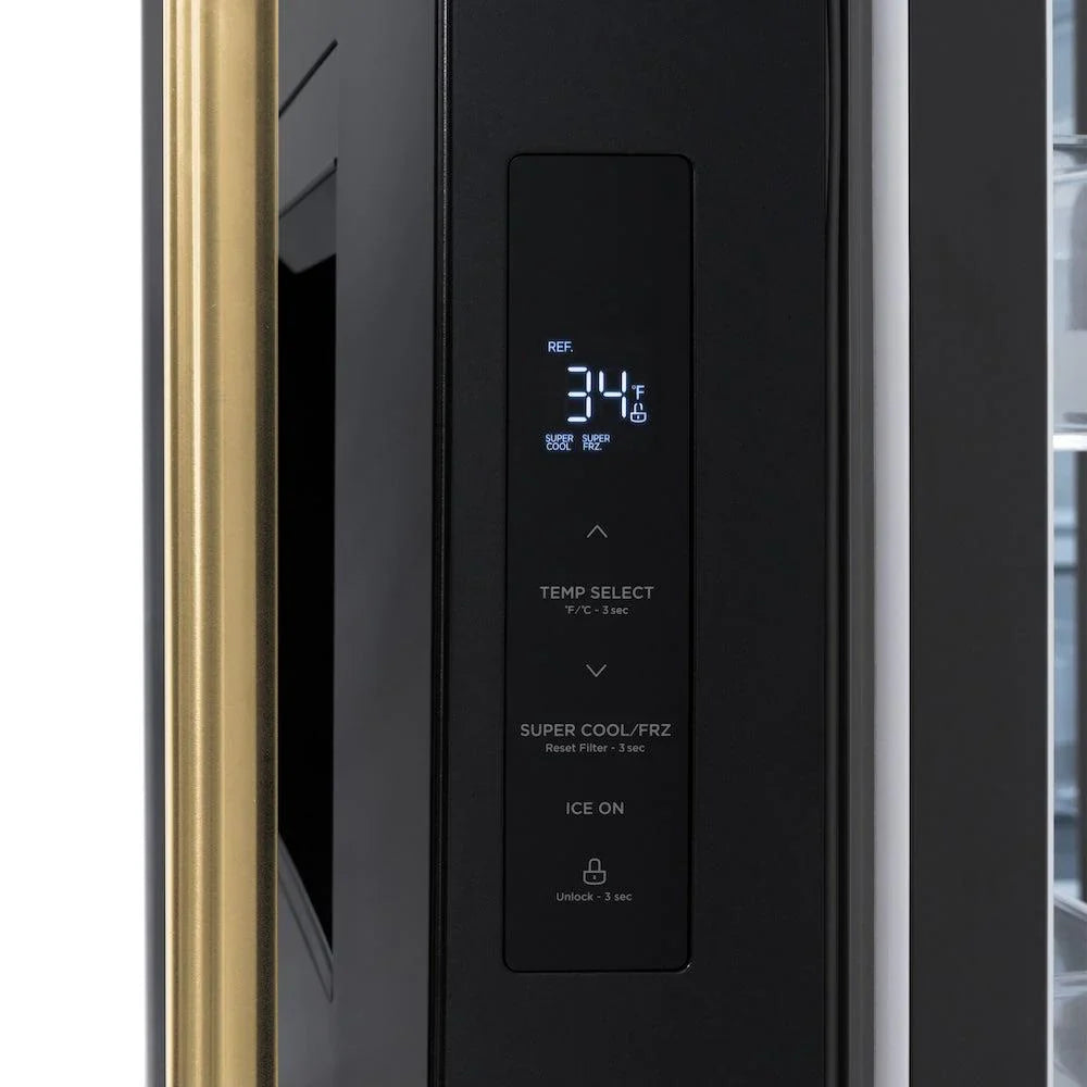 ZLINE Autograph Edition 36 in. 28.9 cu. ft. Standard-Depth French Door External Water Dispenser Refrigerator with Dual Ice Maker in Black Stainless Steel and Polished Gold Handles - RSMZ-W-36-BS-G