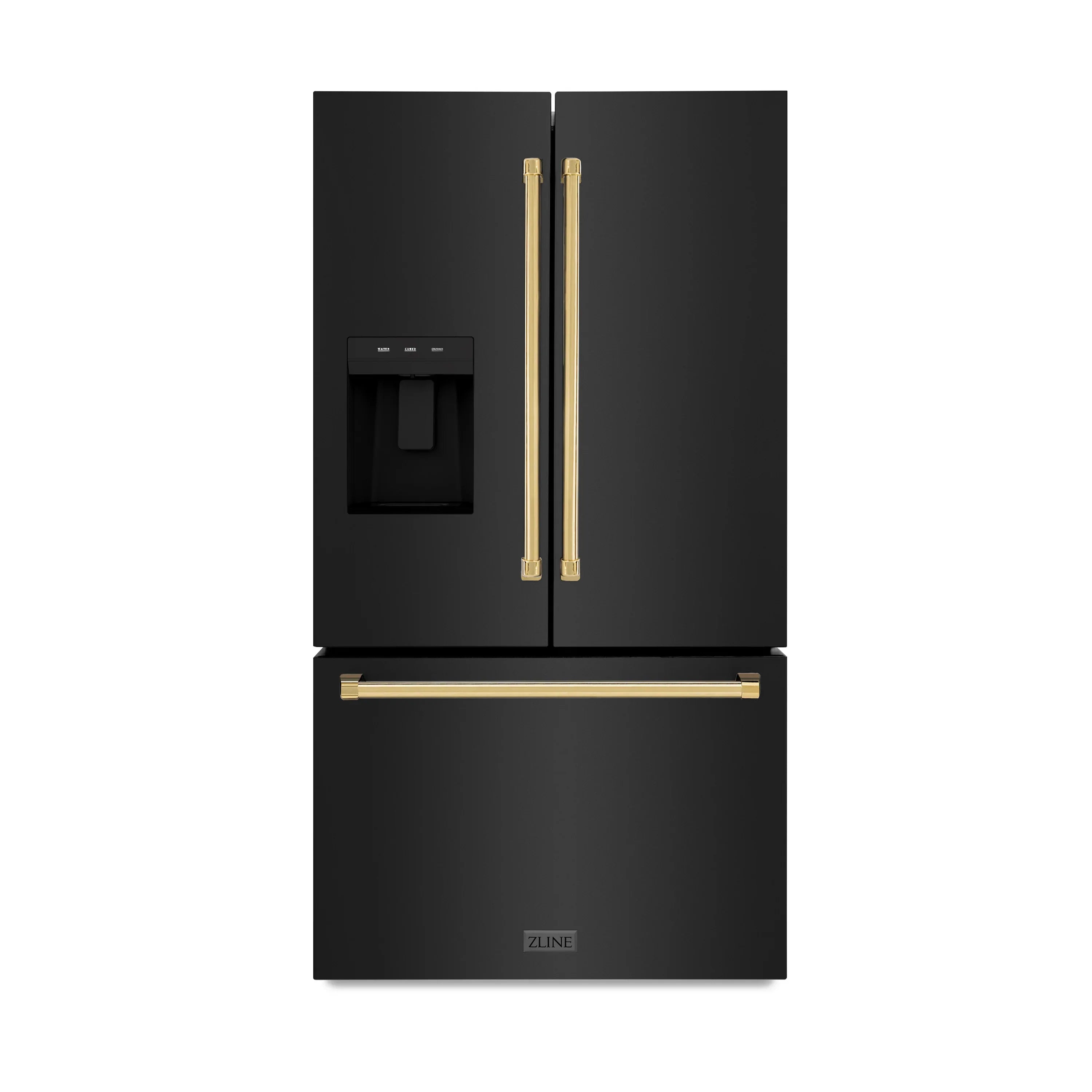 ZLINE Autograph Edition 36 in. 28.9 cu. ft. Standard-Depth French Door External Water Dispenser Refrigerator with Dual Ice Maker in Black Stainless Steel and Polished Gold Handles - RSMZ-W-36-BS-G