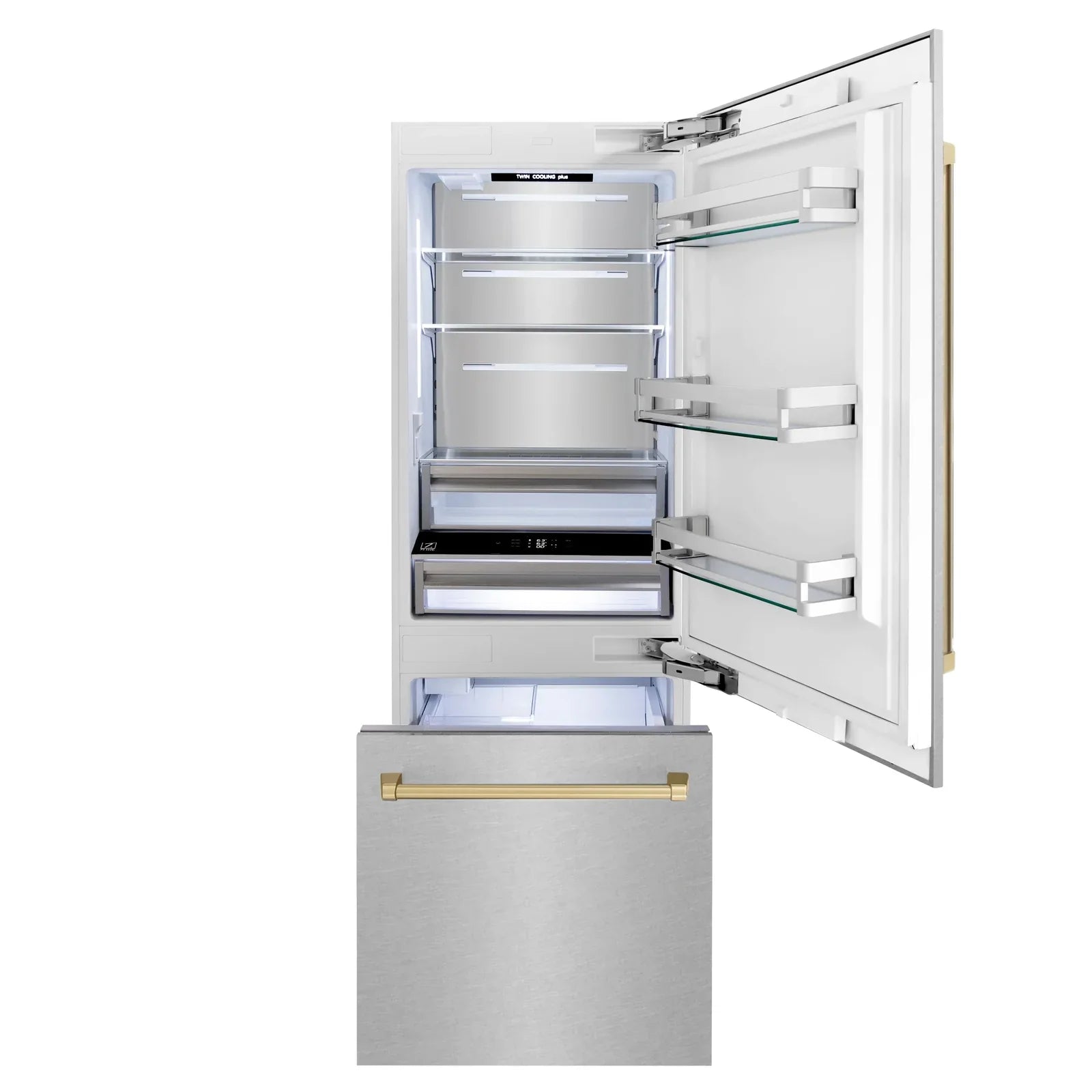 ZLINE 30-Inch Autograph Edition 16.1 cu. ft. Built-in 2-Door Bottom Freezer Refrigerator with Internal Water and Ice Dispenser in Fingerprint Resistant Stainless Steel with Champagne Bronze Accents (RBIVZ-SN-30-CB)