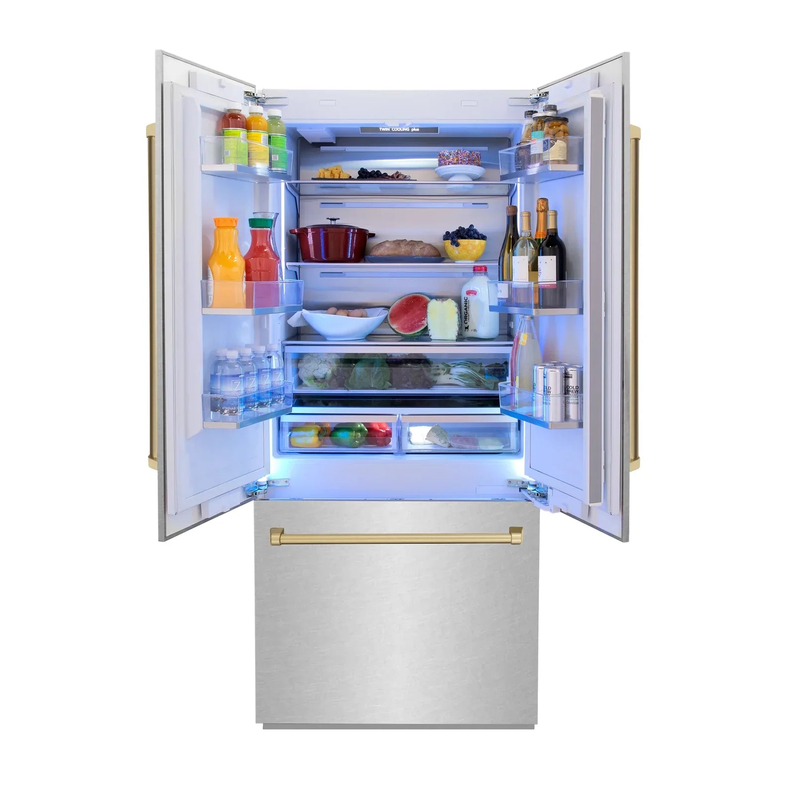 ZLINE 36-Inch Autograph Edition 19.6 cu. ft. Built-in 2-Door Bottom Freezer Refrigerator with Internal Water and Ice Dispenser in DuraSnow Stainless Steel with Champagne Bronze Accents (RBIVZ-SN-36-CB)