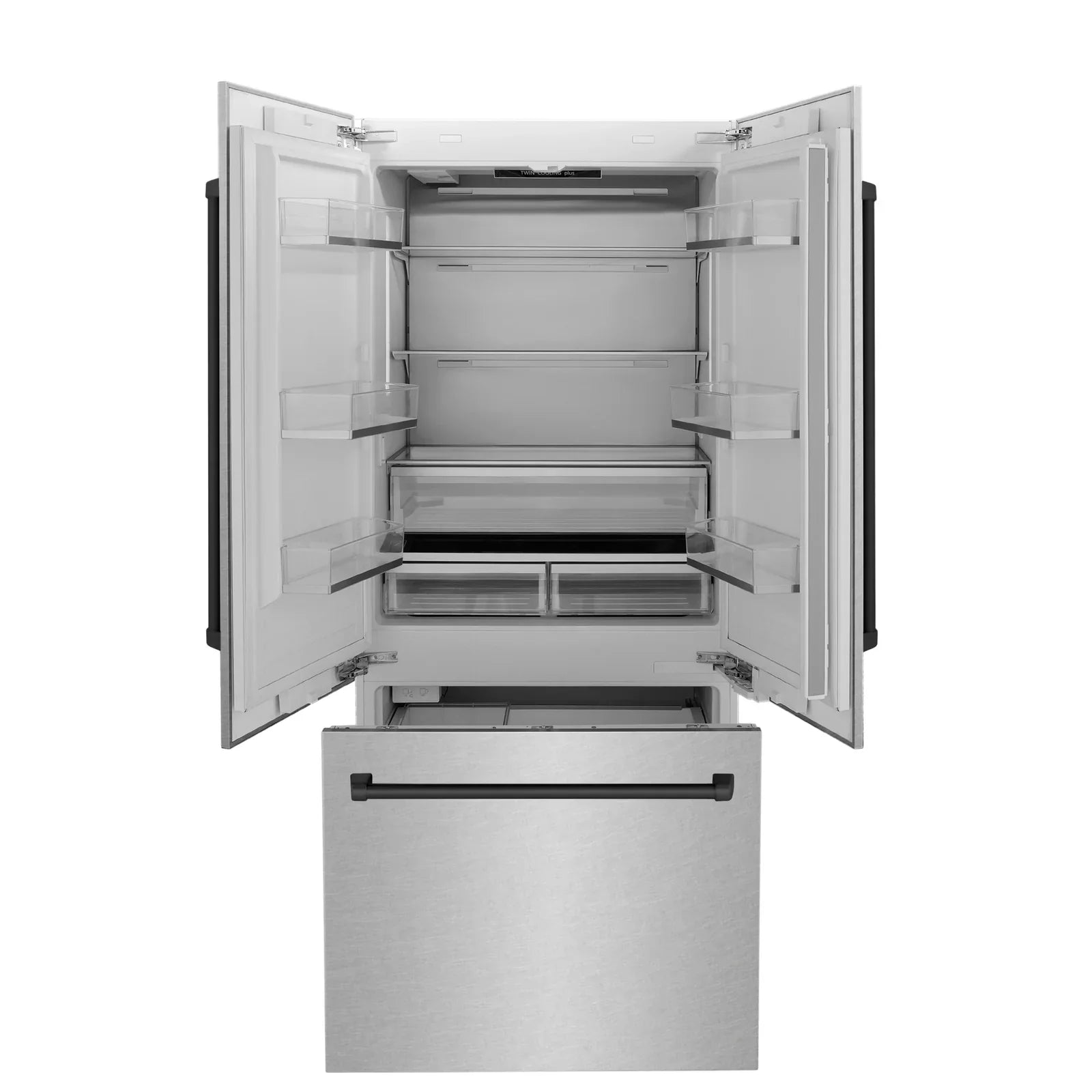 ZLINE 36-Inch Autograph Edition 19.6 cu. ft. Built-in 2-Door Bottom Freezer Refrigerator with Internal Water and Ice Dispenser in DuraSnow Stainless Steel with Matte Black Accents (RBIVZ-SN-36-MB)