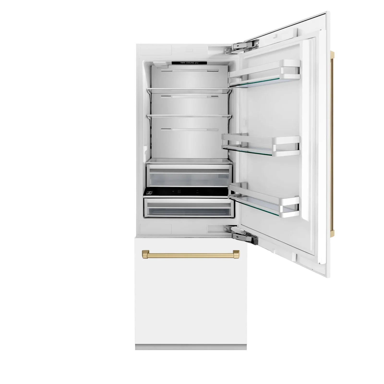 ZLINE 30-Inch Autograph Edition 16.1 cu. ft. Built-in 2-Door Bottom Freezer Refrigerator with Internal Water and Ice Dispenser in White Matte with Champagne Bronze Accents (RBIVZ-WM-30-CB)