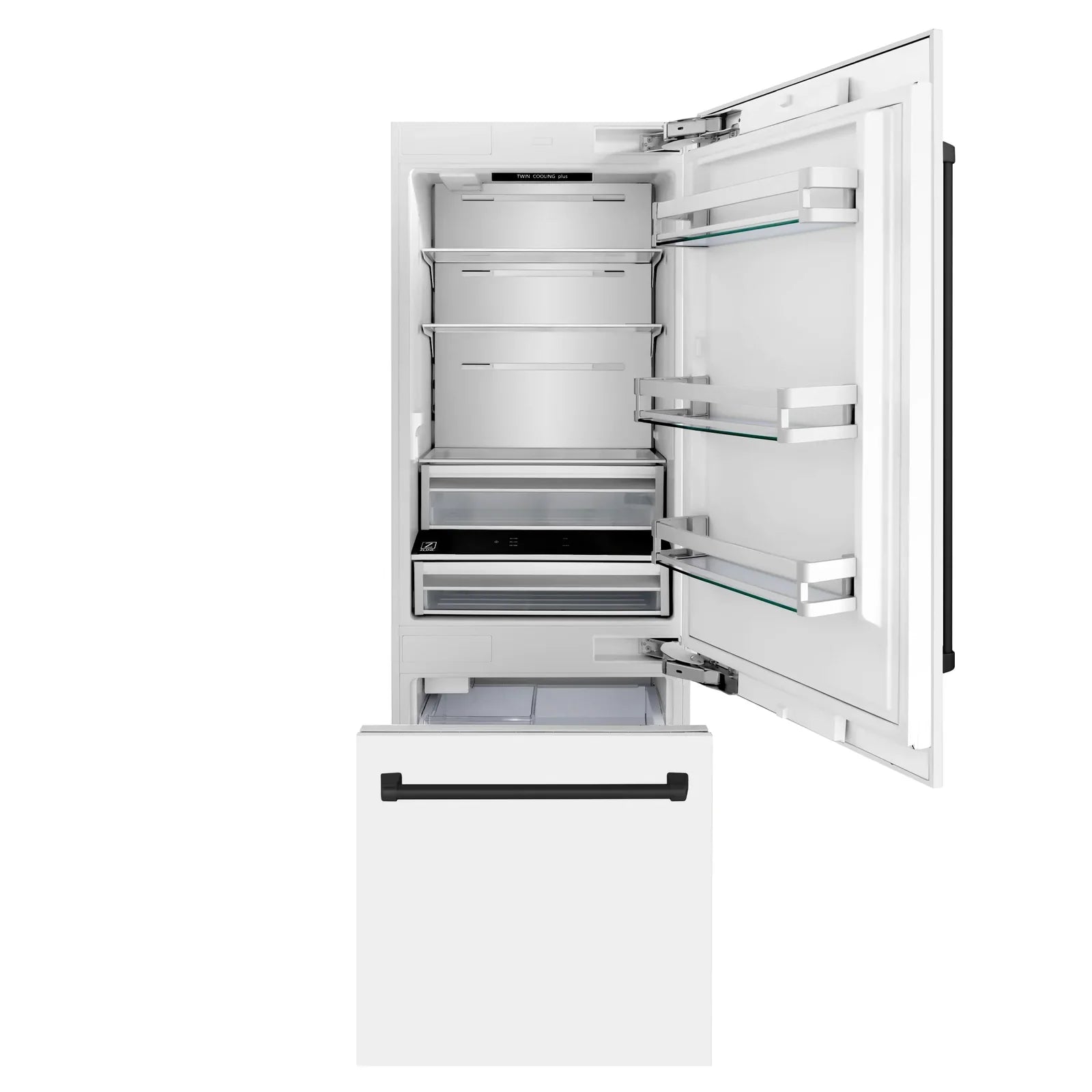 ZLINE 30-Inch Autograph Edition 16.1 cu. ft. Built-in 2-Door Bottom Freezer Refrigerator with Internal Water and Ice Dispenser in White Matte with Matte Black Accents (RBIVZ-WM-30-MB)