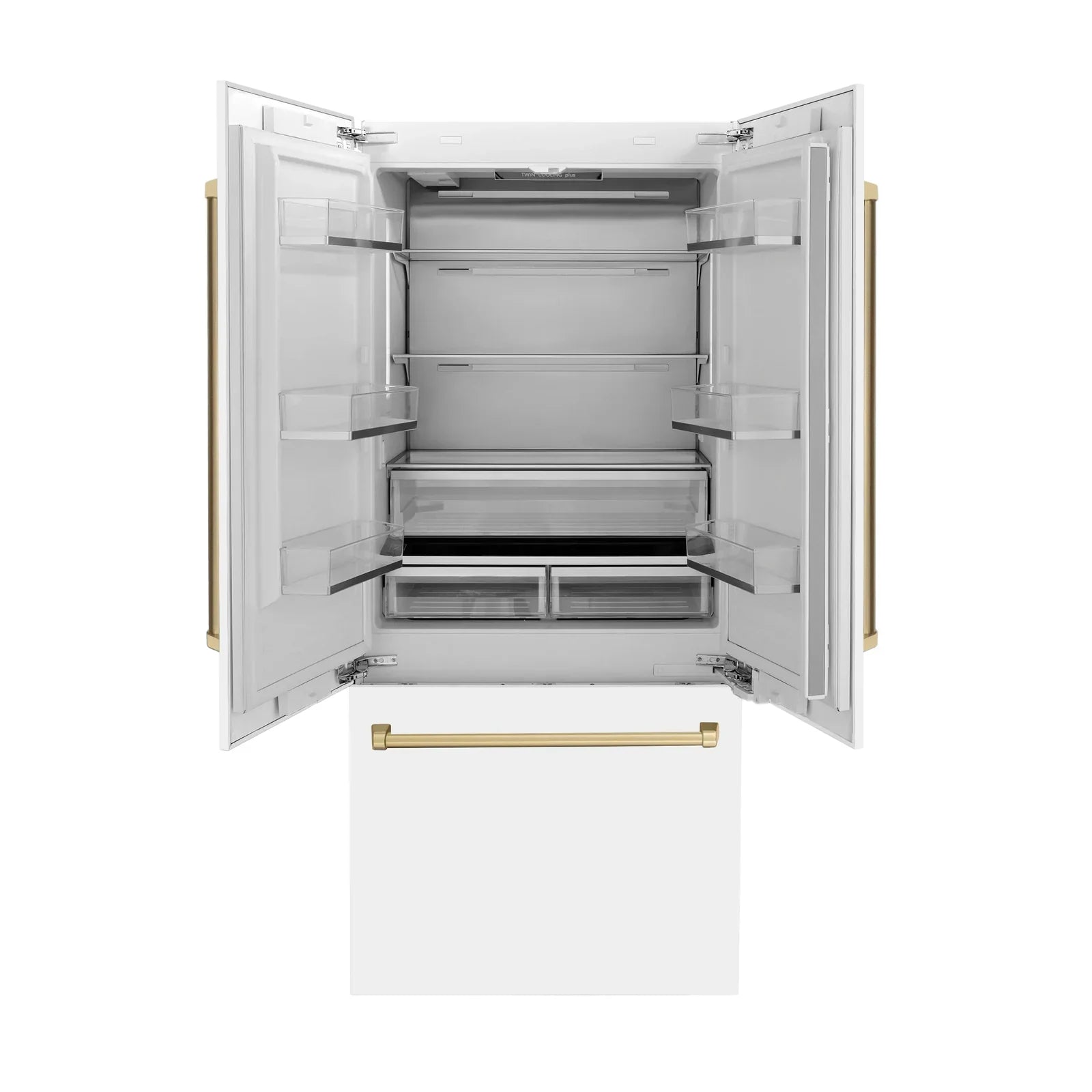 ZLINE 36-Inch Autograph Edition 19.6 cu. ft. Built-in 2-Door Bottom Freezer Refrigerator with Internal Water and Ice Dispenser in White Matte with Champagne Bronze Accents (RBIVZ-WM-36-CB)