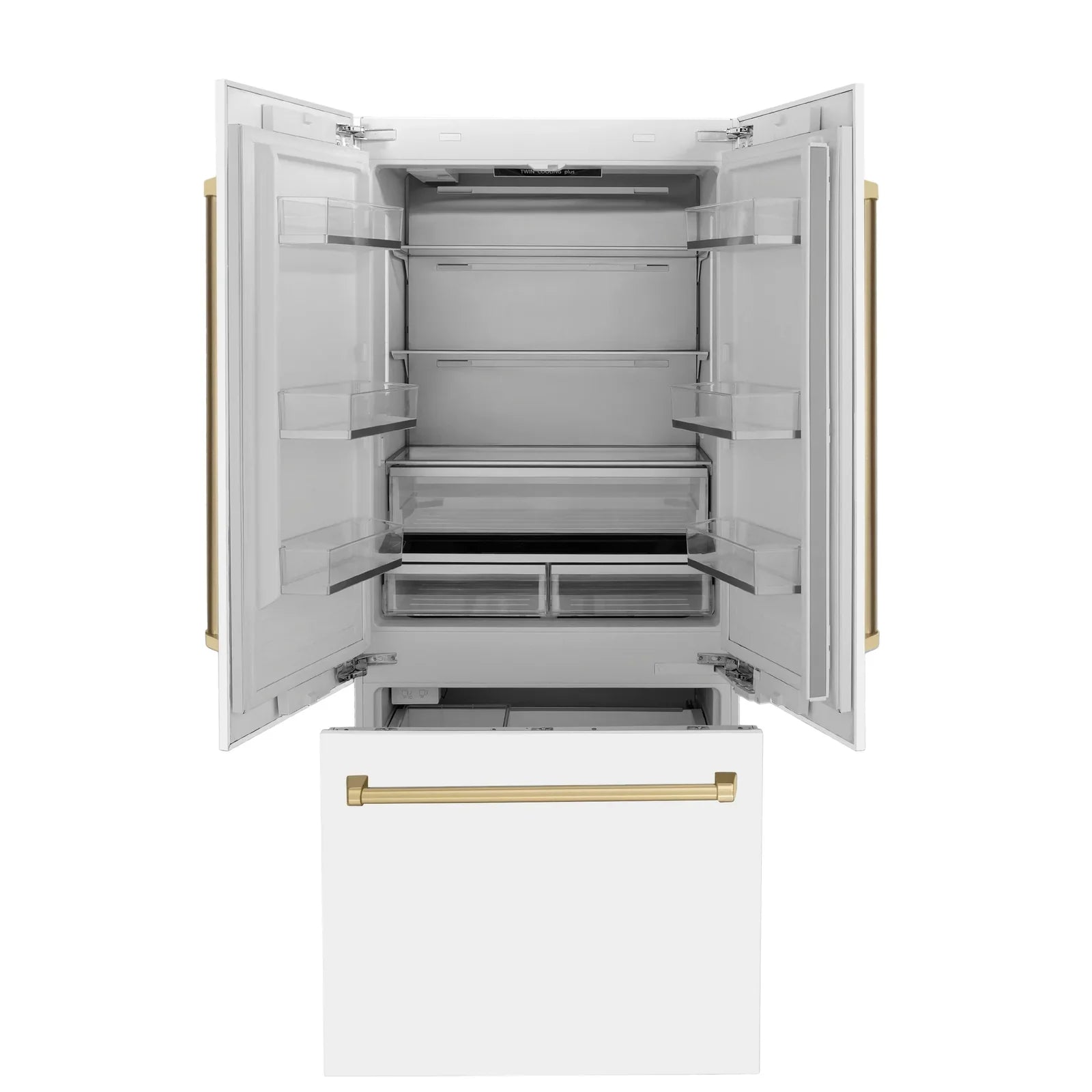 ZLINE 36-Inch Autograph Edition 19.6 cu. ft. Built-in 2-Door Bottom Freezer Refrigerator with Internal Water and Ice Dispenser in White Matte with Champagne Bronze Accents (RBIVZ-WM-36-CB)