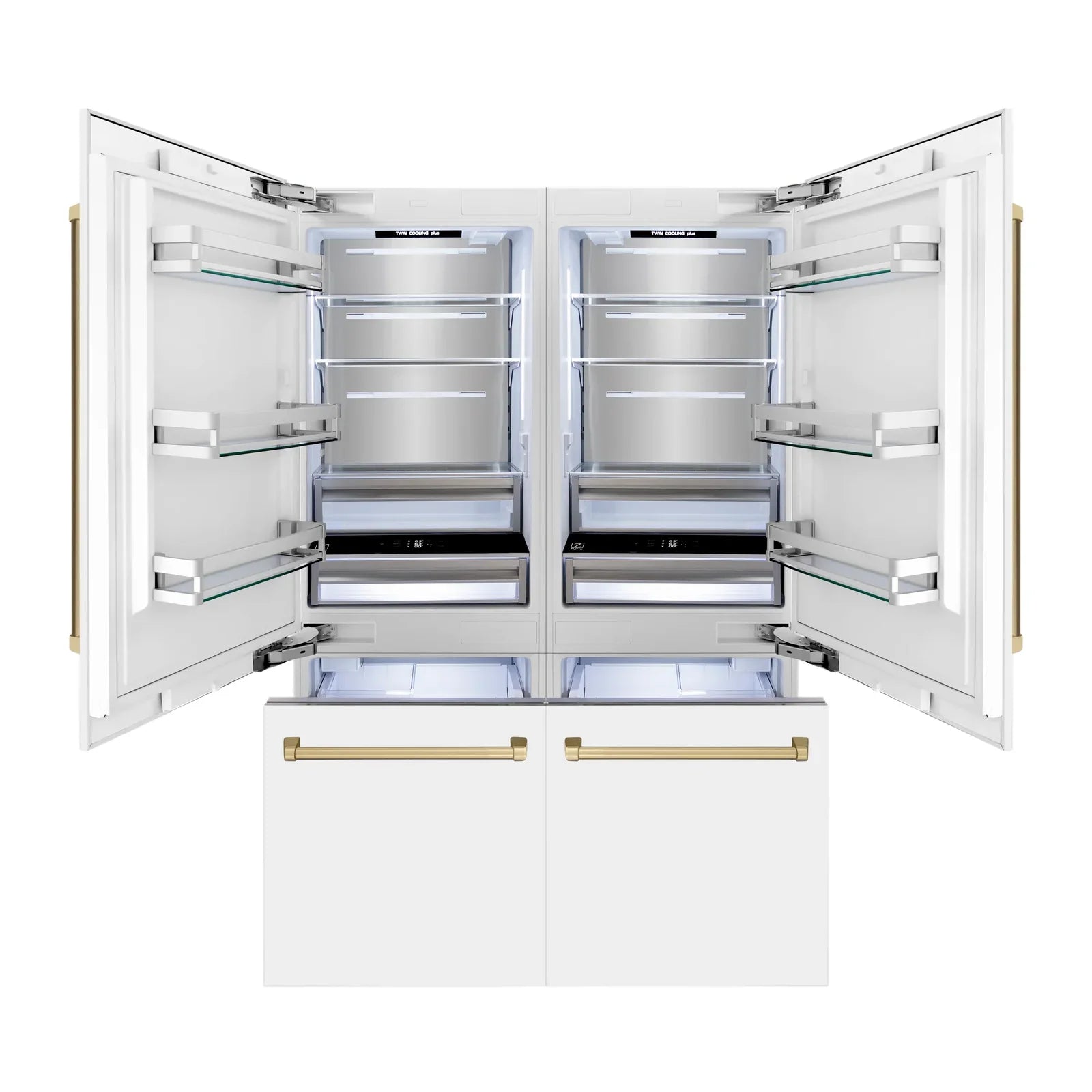 ZLINE 60-Inch Autograph Edition 32.2 cu. ft. Built-in 4-Door French Door Refrigerator with Internal Water and Ice Dispenser in White Matte with Champagne Bronze Accents (RBIVZ-WM-60-CB)