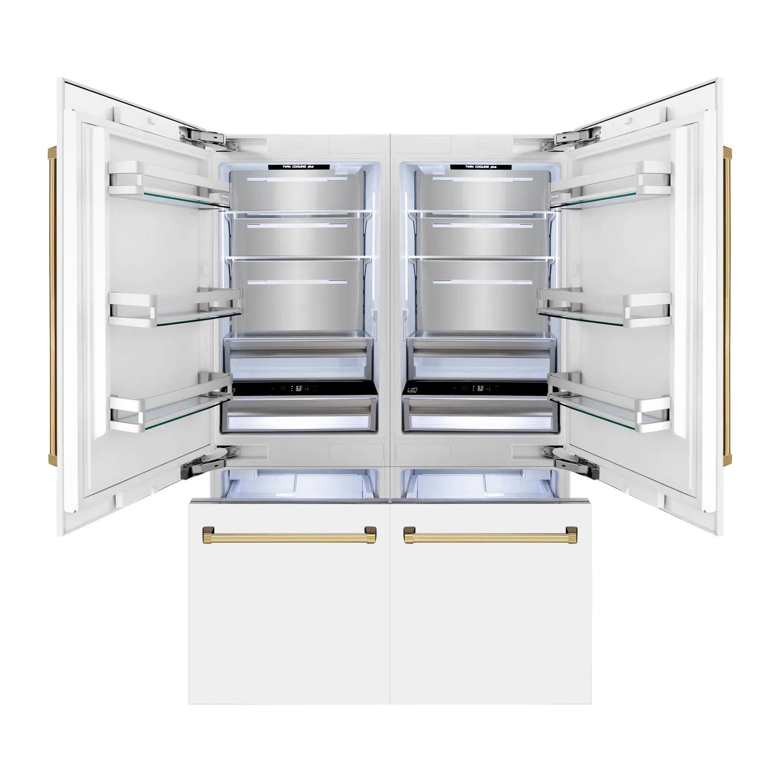 ZLINE 60-Inch Autograph Edition 32.2 cu. ft. Built-in 4-Door French Door Refrigerator with Internal Water and Ice Dispenser in White Matte with Gold Accents (RBIVZ-WM-60-G)