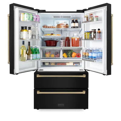 ZLINE 36" Autograph Edition 22.5 cu. ft Freestanding French Door Refrigerator with Ice Maker in Fingerprint Resistant Black Stainless Steel with Accents - RFMZ-36-BS