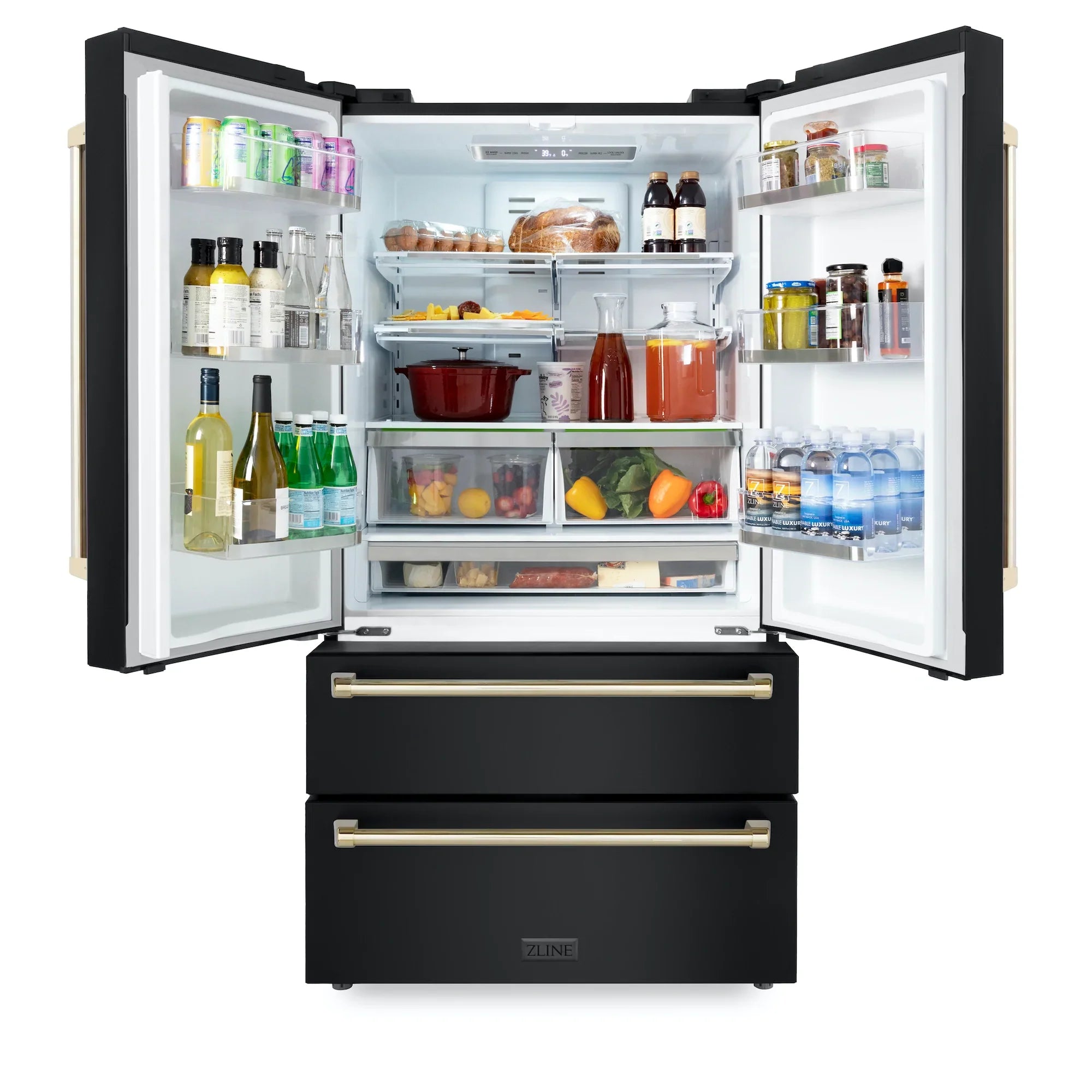 ZLINE 36" Autograph Edition 22.5 cu. ft Freestanding French Door Refrigerator with Ice Maker in Fingerprint Resistant Black Stainless Steel with Accents - RFMZ-36-BS
